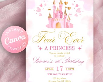 Four Ever A Princess Birthday Invitation, 4 Ever a Princess Invite, Princess Birthday Invitation Four, Four Ever Madical, Girls 4th Birthday