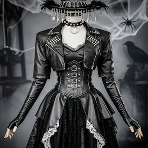 Genuine Leather Gothic Corset Dress – Steampunk Victorian Witch Outfit with Studded Jacket, Buckle Waist Cincher & Lace Skirt for Halloween