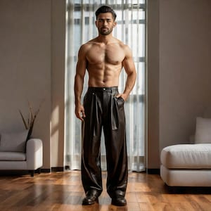 Handmade Men&#39;s Leather Pleated Pants | Wide-Leg Luxury Trousers | Genuine Leather Streetwear | Genuine Sheepskin Leather