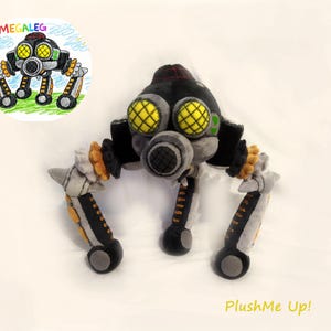 May include: A soft toy robot with a black head, large yellow eyes, and three legs. The legs are grey, black, and orange. A drawing of the robot is in a circle in the upper left corner. The text "PlushMe Up!" is at the bottom.