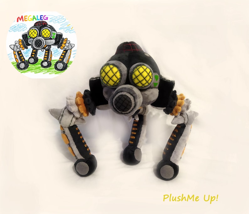 May include: A soft toy robot with a black head, large yellow eyes, and three legs. The legs are grey, black, and orange. A drawing of the robot is in a circle in the upper left corner. The text "PlushMe Up!" is at the bottom.