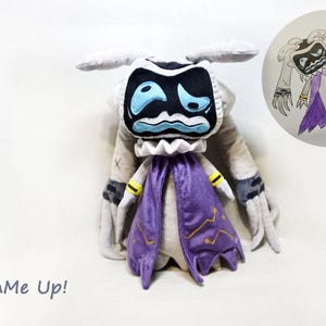 May include: A plush toy with a white head and body, a black face with blue accents, and a purple cape. The toy has long, slender arms and a white collar. A drawing of the toy is on a white circle in the background. The text "PlushMe Up!" is at the bottom.