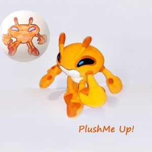 May include: A plush toy of a cartoon character in shades of orange and yellow, with blue eyes and white accents. The toy has a round head, four limbs, and a drawing of the character in a circle. The text "PlushMe Up!" is below the toy.