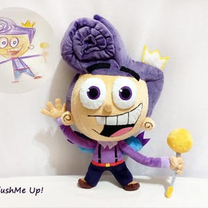 May include: A soft toy of a cartoon character with purple hair, a yellow crown, and a yellow lollipop. The doll is wearing a purple shirt, blue trousers, and red braces. A drawing of the character is in the background. The text "PlushMe Up!" is at the bottom.