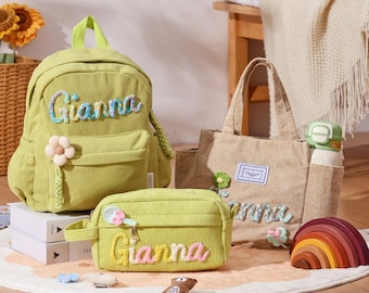 Gepersonaliseerde 3-delige set voor kinderen: rugzak, lunchtas, etui - aangepaste naam kleuterschooltas - terug naar school cadeau 2025