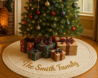 Personalisierter gestrickter Weihnachtsbaum-Rock mit Namen | Individuell bestickter Baumrock | Roter Feiertags-Dekor | Familie Weihnachtsgeschenk | 48"/36"/24""