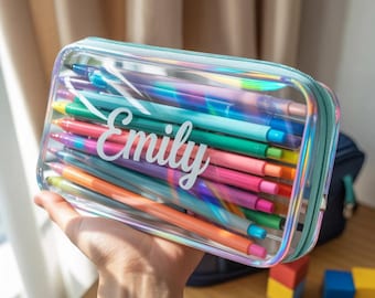 Irisierende Federmäppchen - Personalisierte Hartschalen-Reißverschluss-Box für Kinder Holographische Schulbedarf Crayon Box Back to School Geschenk
