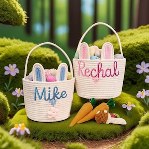 Gehäkelter personalisierter Osterkorb mit Namen - 2025 Benutzerdefinierte Häschen-Eiersuche-Geschenk für Kinder, Babys erste Andenken & Frühlingsdekor-Tasche