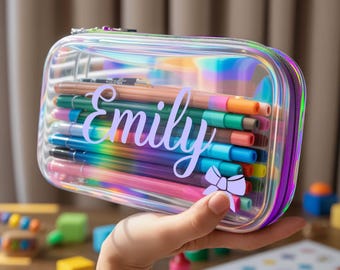 Irisierende Federmäppchen - Personalisierte Hartschalen-Reißverschluss-Box für Kinder Holographische Schulbedarf Crayon Box Back to School Geschenk