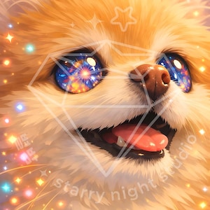 May include: A digital illustration of a Pomeranian dog with vibrant, sparkling eyes. The dog has fluffy, light orange fur and a pink tongue. The image is filled with colorful stars and the text "starry night studio".