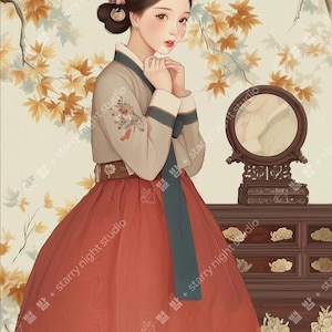 May include: An illustration of a woman in a traditional Korean hanbok, featuring a red skirt and a beige top with floral embroidery. She is depicted with her hands clasped. A decorative mirror and wooden cabinet are in the background.