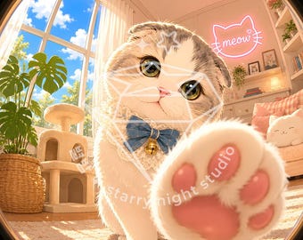 May include: A digital illustration of a fluffy Scottish Fold kitten with large eyes, wearing a blue bow tie with a gold bell and a lace collar. The kitten reaches a paw toward the viewer. A pink neon cat-shaped sign with the text meow is visible.