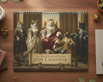 Funny Cat Calendar 2026, 12 Month Wall 2026 Calendar, Renaissance Royal Cat Portrait Monthly Calendar, Illustrated Calendar Gift Cat Lovers