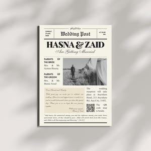 Bearbeitbare muslimische Hochzeitszeitungseinladungskarte, Brautpaar Vintage Newsletter, anpassbare einzigartige Vorlage mit Foto, Nikah Invite