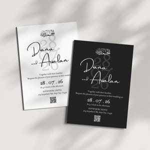Schwarzweiße islamische Hochzeitseinladungsvorlage, minimalistische muslimische Hochzeitskarte, bearbeitbare Nikah-Einladung mit QR-Code-Karte, ästhetisches Design