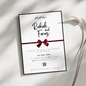 Islamische Hochzeitseinladung, minimalistisches Schwarz-Weiß-Design mit rotem Knotenband, bearbeitbare Canva-Vorlage, elegante Walima-Einladungskarte