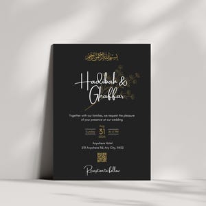 Elegante islamische Hochzeitseinladung in Schwarz und Gold, bearbeitbare Nikah-Karte mit QR-Code, digital druckbare Walima-Vorlage