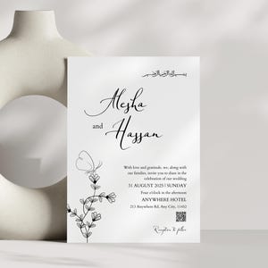 Schwarzweiße islamische Hochzeitseinladung, einfaches minimalistisches Nikah-Einladungsdesign, druckbare Walima-Karte, bearbeitbare Canva-Vorlage