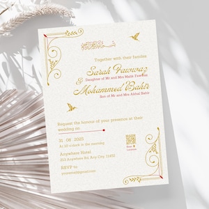 Islamische Hochzeitseinladungskarte, Goldvogel Elegantes anpassbares Vorlagendesign, bearbeitbare digitale Einladung mit QR-Code-Karte, muslimische Ehe