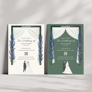 Convite de casamento muçulmano com vetor de noiva e noivo, cartão de convite islâmico branco e verde, cerimônia de Nikah com mapa de código QR
