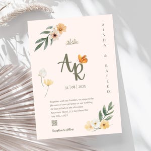 Muslimische Hochzeitseinladung, Nikah & Walima-Karte zum Thema Garten, bearbeitbare Canva-Vorlage mit QR-Code, druckbare Hochzeitsfeier-Einladung