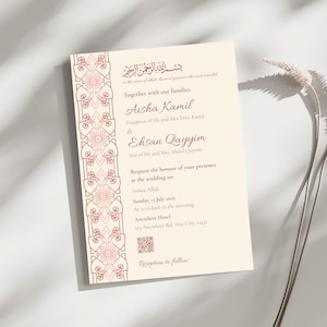 Einfache Rose Gold Islamische Hochzeitseinladungsvorlage, minimalistisches muslimisches Hochzeitseinladungsdesign, bearbeitbare Nikah & Walima Karte mit QR Code Map