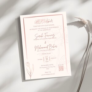 Moslemische Hochzeitseinladungsvorlage, einfache Roségoldwalima-Karten, islamisches Hochzeitskartendesign, Nikah-Einladung mit QR-Code-Karte