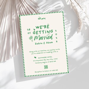 Grüne islamische Hochzeitseinladung, einfache & niedliche Nikkah lädt mit QR-Code ein, bearbeitbare Walima-Kartenvorlage, muslimische Hochzeitsfeier