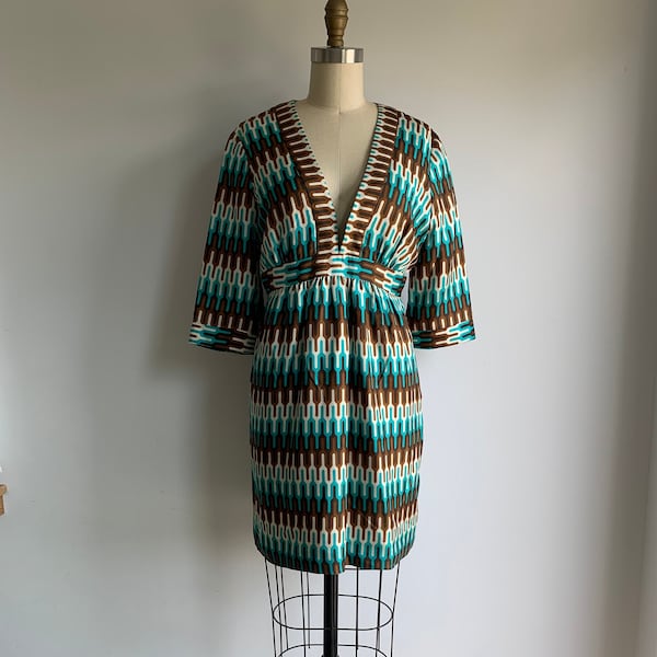 Vintage Milly silk geometric dress in teal and brown medium 8