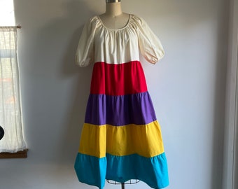 Vintage Mexican Color Block Dress // rainbow tiered gathered dress // Large