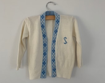 Vintage argyle cardigan. Preppy baby boy sweater. Button up white and cream winter sweater. Monogrammed.  18m 2t
