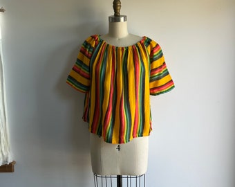 Vintage Mexican woven striped top // rainbow blouse // large xl