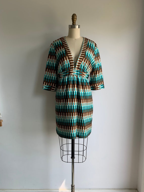 Vintage Milly silk geometric dress in teal and bro