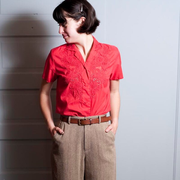 1970s Red Embroidered Blouse