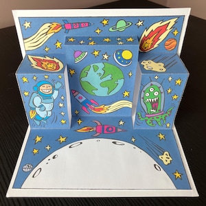 Printable Outer Space Pop-Up Birthday Card – Easy DIY 3D Card – Rockets, Aliens, UFOs & Astronaut Adventure – Instant Download