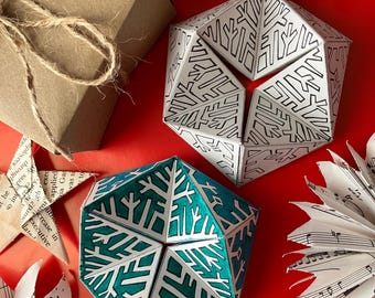 Printable Christmas kaleidocycle template - DIY colour-in snowflake flexagon craft, Secret Santa gift, winter paper toy PDF