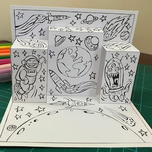 Printable Space-Themed Pop-Up Birthday Card – DIY Colouring Template for Adults and Kids – Easy Craft with Instructions and Envelope