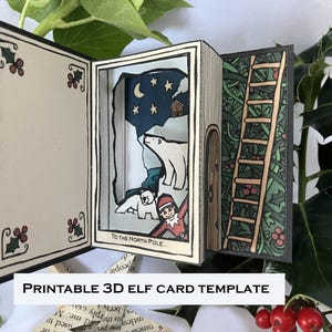 Puede incluir: Una tarjeta emergente 3D con una escena invernal que presenta un oso polar, un elfo y una escalera. La tarjeta está diseñada para parecerse a un libro, con el texto "TO THE NORTH POLE" y "PRINTABLE 3D ELF CARD TEMPLATE".