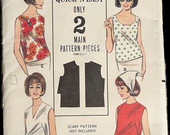 Quick and Easy Sleeveless Blouses Tops Vintage Sewing Pattern, Bust 34