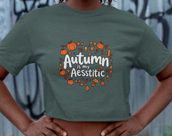 Top corto de festival de otoño, ropa de otoño, camiseta estampada bonita, moda de temporada, camiseta de Halloween, regalo para ella, camiseta corta de calabaza, top de otoño