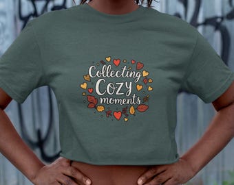 Top corto acogedor de otoño, ropa de otoño, amantes del otoño, vibras positivas, regalo para ella, festividades de otoño, amantes de la naturaleza, diseño de hojas de otoño, camiseta gráfica