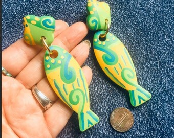 Funky Big Fish Yellow & Green Wood Earrings - Boho Fun Wood Dangle Earrings - Long 4" Earrings - Festival Wear - Hippie - Retro Earrings