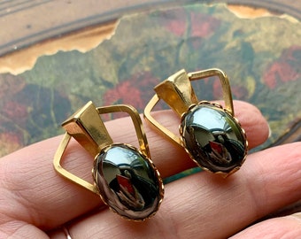 Vintage GOTH Hematite Clip On Earrings - Mid Century Earrings - Black Clip On Earrings - Gothic Bride - Wedding -  Gold Hematite earrings