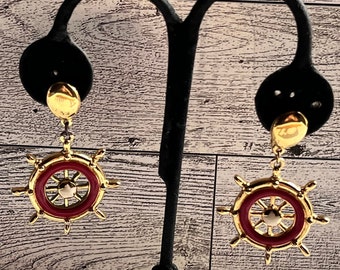 Avon - Ship to Shore Clip On Earrings - Red & White Ship's Wheel Dangles - Retro - Gift Her Him - Hippie Festival Wear - Boat Boating Beach