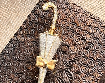 Rainy Day Pin Diamond Dust Umbrella Brooch - Gold Diamond Dust Umbrella & Bow Pin - Hippie - Festival Wear - Rainy Day Brooch - Vintage Gift