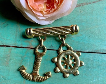 Vintage 80’s Gold Tone Nautical Pin - Vintage Anchor Pin - Vintage Ships Wheel - Gold Bar Pin - Ships Anchor Pin - Nautical Boat Jewelry