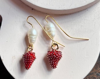 Freshwater Pearl & Strawberry Dangles - Vintage Bride - Boho Earrings - Fruit Jewelry - Gift for Her - Victorian Freshwater Pearl Dangles