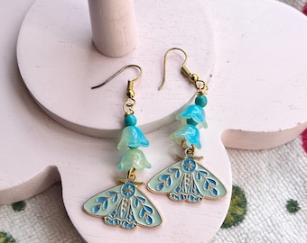 Bell Flower Turquoise Bead & Moth Earrings - Handmade Butterfly Earrings - Boho OOAK - Insect Bug Jewelry - Gift for Her - Flower Dangles