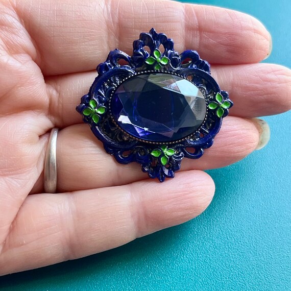 Victorian Blue Stone & Floral Brooch - Blue Rhine… - image 5