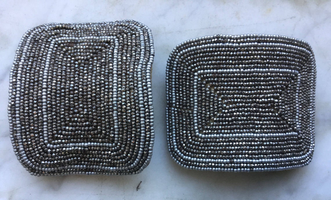 1920's Art Deco Silver & Gray Seed Bead Shoe Clips Silver Shoe